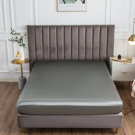 Morbuy Double Fitted Sheet Satin Silk Bed Sheets, Gray Fitted Sheets Deep Pocket 30 cm, Easy Care Ultra Soft Silky Fitted Bedsheets Good for Skin & Hair