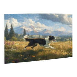 500 Piece Border Collie Puzzle for Adults – Running Dog in Meadow Flower Meadow with Mountain Landscape, Nature Scenery Jigsaw for Relaxation and Focus