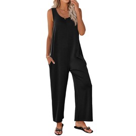 Ekouaer Sleeveless Jumpsuits for Women Casual Summer Scoop Neck Tank Rompers Wide Leg Pants Overall Jumpers with Pockets Black XX-Large