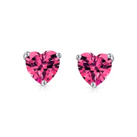 Tiny Pink Fuchsia CZ Heart Shaped Stud Earrings For Women For Girlfriend Simulated Ruby Cubic Zirconia Sterling Silver