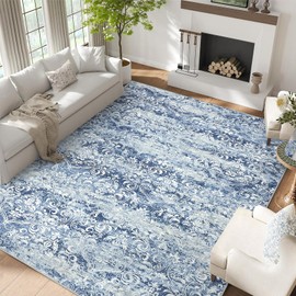 6x9 Boho Area Rug Washable, Soft Vintage Damask Distressed Large Area Rugs for Living Room Bedroom Dining Room, Retro Abstract Foldable Indoor Floor Carpet Ultra Thin Non-Slip Dining Room Rugs, Blue
