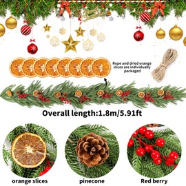 6FT Christmas Norfolk Pine Garland Realistic Artificial Green Norfolk Pine Garland with Red Berry Pinecones and Orange Slices for Mantle Stairs Table Fireplace Indoor Outdoor Xmas Decor