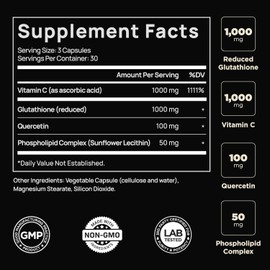 ELMNT 2150mg Super Liposomal Glutathione Supplement w. Vitamin C, Quercetin & Pure L Glutathione 2000mg Triple Action Formula Glutathione Liposomal Supplement w. Phospholipid Layer - 90 Pills, Non-GMO