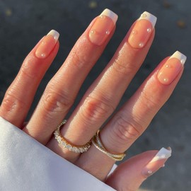 Square Nude Nails for Sticking, Short with Pearl Designs, KXAMELIE Shiny White French Acrylic Nails, Full Cover, Short Coffin False Nails for Women and Girls, 24 Pieces