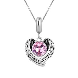 KunBead 18 inch Guardian Angel Heart Wings Birthday Pink Birthstone Charm Pendant Necklace for Women