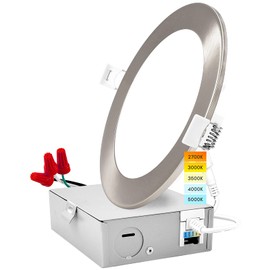 LUXRITE 6 Inch Ultra Thin LED Recessed Light with J-Box, 12W, 5 Color Options 2700K | 3000K | 3500K | 4000K | 5000K, Dimmable Wafer Light, 1000 Lumens, Brushed Nickel, Energy Star, IC Rated