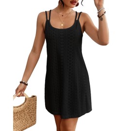 Bsubseach Beach Coverups Women Eyelet T Shirt Dress Sleeveless Casual Tank Sundresses Black XL