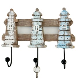 Darthome Rustic Lighthouse Wall Hooks 3 Wooden Hook Coat Keys Holder Nautical Decoration 28x22cm