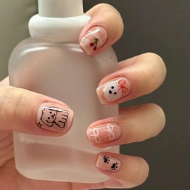EYZOTSF Press on Nails Square Short Length Acrylic Glossy Full Cover Square Cute False Nails with Dog Bow Designs Artificial Extra Short Square Fake Nails Glue ons Fingernails for Women Girls