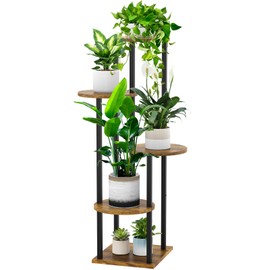 YOCOMEY 5 Tier Wood Tall Plant Stand Metal Rack Indoor, Multiple Flower Pot Holder Shelves Corner Rack, Round Planter Shelf Display Rack Storage Organizer for Patio Living Room Balcony(Black)