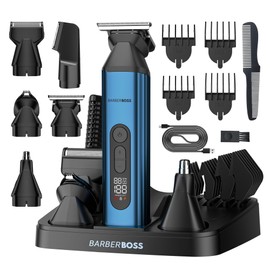 BarberBoss Regolabarba 5 in 1 da uomo, tagliacapelli, toelettatore per il corpo, trimmer per naso e orecchie, kit per la toelettatura degli uomini, tagliacapelli ricaricabile senza fili, QR-6020