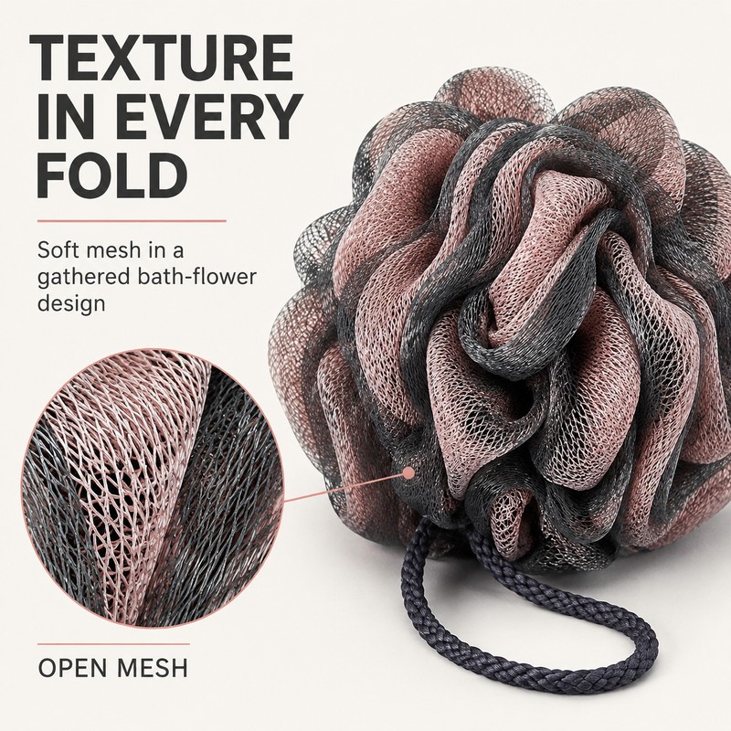 Shower Loofah Bath Pouf – Soft Mesh Body Scrubber with