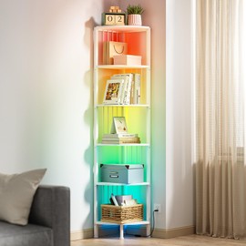 MonaSixy 6 Tier Corner Shelf with Light, Music Synic 60000 DIY LED Color Smart Remote Tall Display Shelves Corner Shelf Stand Bookshelf Wood Rack Metal Frame for Living Game Room Bedroom, White