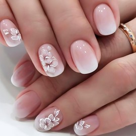24Pcs Short Square Press on Nails Gel Glue on Nails for Manicure Art. Glossy White Flower Acrylic False Nails With White Ombre Design. Pink Gradient Full Cover Fake Nails Stick on Nails for Women