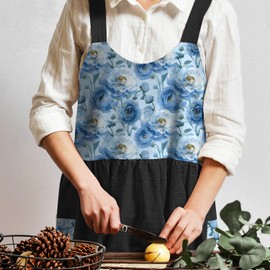 Uaussi - Delantal floral ajustable en la espalda cruzada, estilo clásico con bolsillos (negro flora azul)