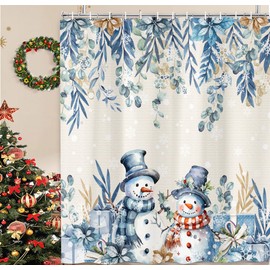 Winter Christmas Shower Curtain,Holiday Blue Snowman Bath Curtain for Xmas Gift, Eucalyptus Leaf Flower Floral Bathroom Accessories Curtain, Waterproof Washable Fabric 12 Pack Metal Hooks 70X70in
