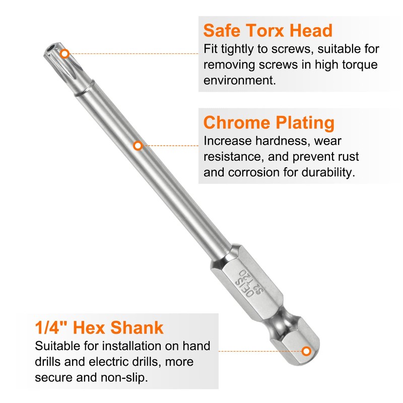 sourcing map T20 Security Torx Bit 1/4" Hex Shank 3"