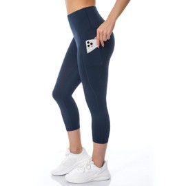 Custer's Night High Waist Yoga Capri with Pockets Tummy Control Workout Running Yoga Leggings for Women Navy Blue L