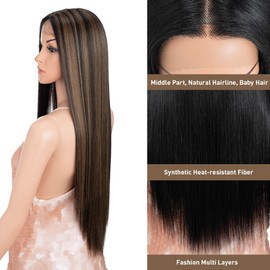 Style Icon Wig Lace Front Wigs Long Straight Synthetic Hair Wigs with Baby Hair Half Hand Tied 130% Density Middle Part Wigs Heat Resistant Fibre (Middle Lace Part 30 Inches, P4/27)