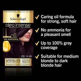 Schwarzkopf Oleo Intense, Permanent Purple Hair Dye, Ammonia Free, Up to 100 Percent Grey Coverage, Rich Plum 3 - 33