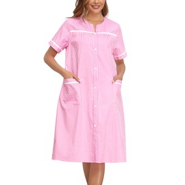 YOZLY House Dress Womens Cotton House Dress Snap Front Short Sleeve with Pockets, Stripe Pink, XX-Large