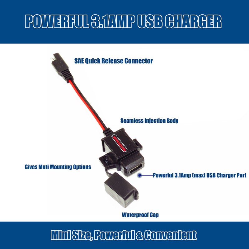 MOTOPOWER MP0609 3.1Amp Motorcycle USB Port SAE to USB Adapter