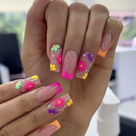 RUOKEXIN Medium Square Fake Nails with French Tip Acrylic Designs Colorful Flower Full Cover Artificial Spring Cute Stick on Nails for Women 24Pcs