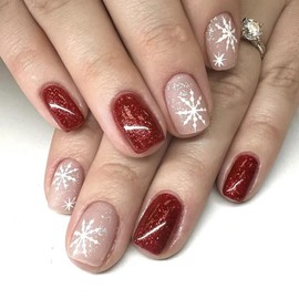 Christmas Fake Nails Square Short Press On Nails Christmas Nails Press Ons With Snowflake Designs Full Cover Red Glossy False Nails Christmas Glue On Nails Short Stick On Nails For Women