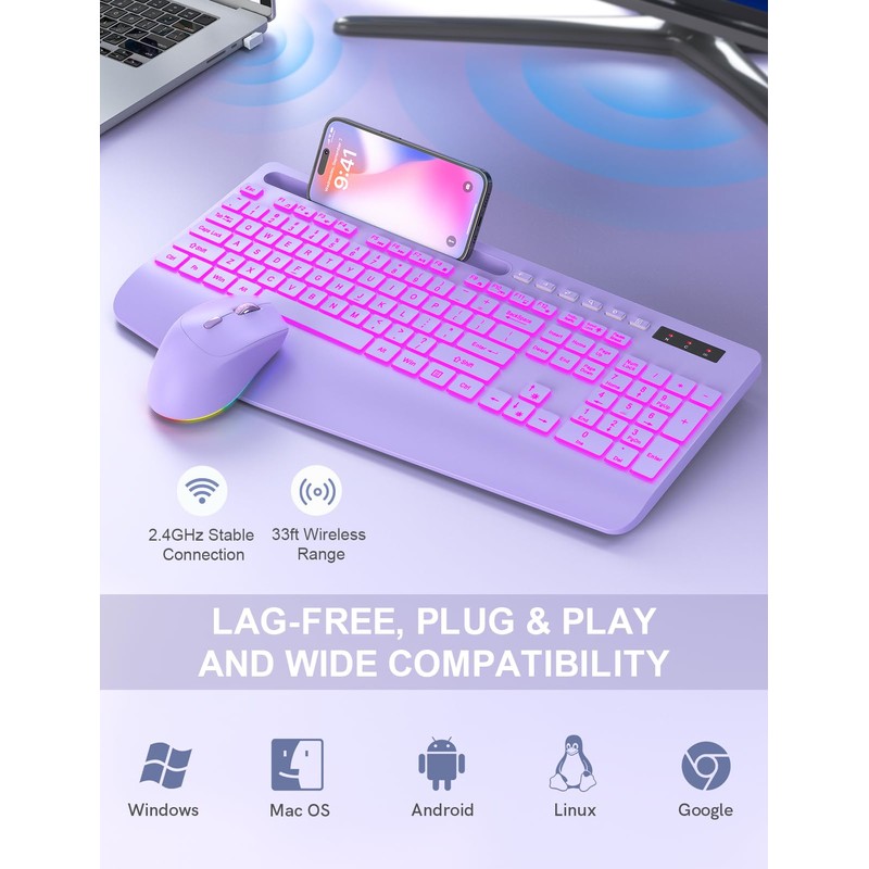 Wireless Keyboard and Mouse Combo with 7 Colored Backlits, Wrist