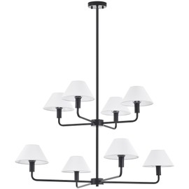 MhyTogn Modern Black Chandelier, with Creamy-White Fabric and Black Arms Shade Two-Tier Pendant Lighting Fixture for Dining Room Living Room Kitchen Island Bedroom 8-Light
