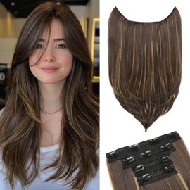 NTYNTY Hair Extensions, 4PCS 18" Clip in Hair Extensions Layered Cut Natural Lightweight Hairpieces with Thinner Softer Invisible Weft for Women - Dark Brown with Highlights