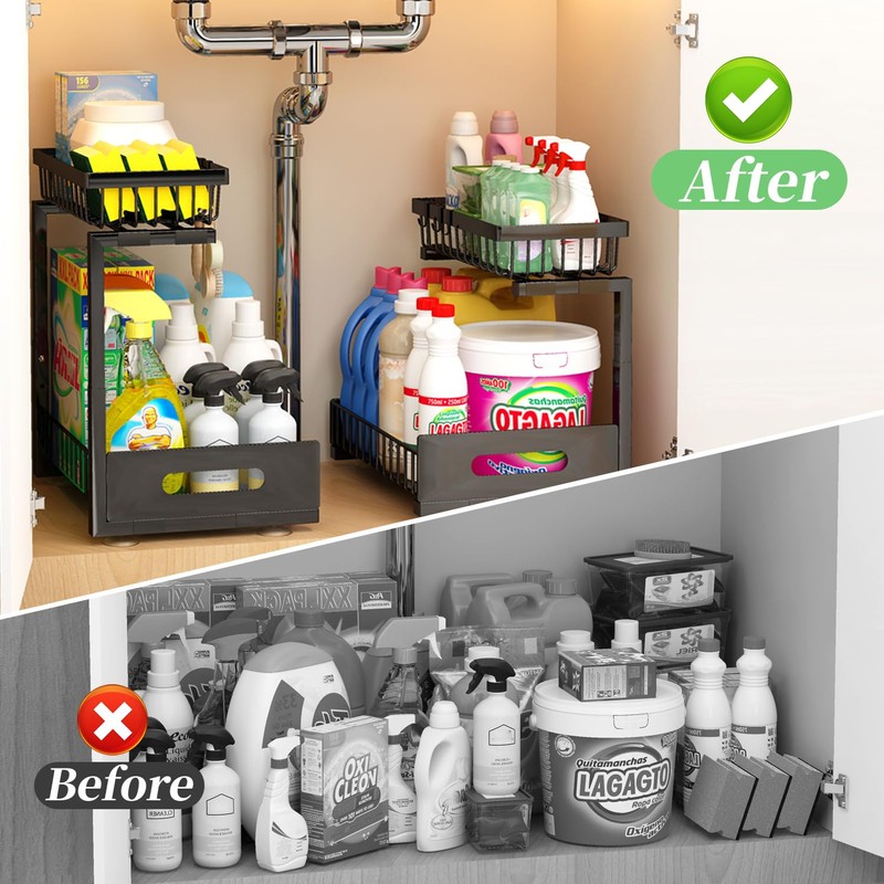 ADBIU Under Sink Organizer(10 Seconds Installation), 2 Packs 2 Tier