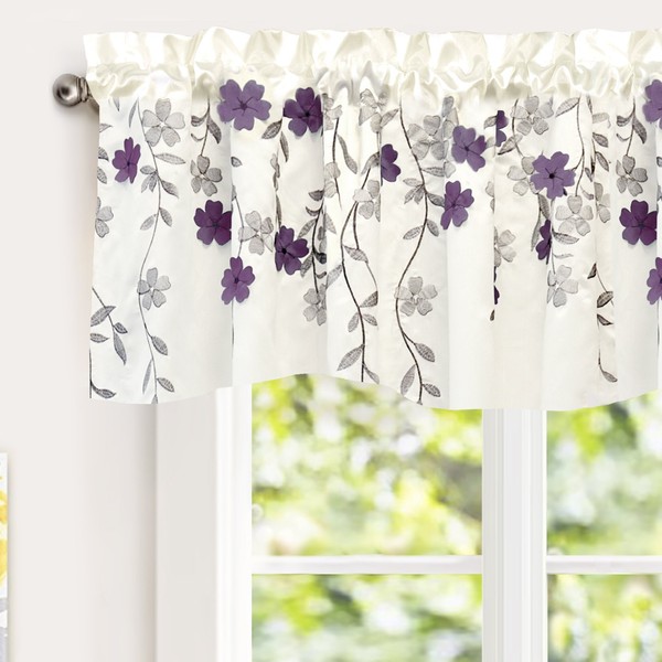 DriftAway Isabella Faux Silk Embroidered Kitchen Swag Valance Embroidered Crafted Flower Single 60 Inch by 18 Inch Plus 1.5 Inch Header Ivory Purple