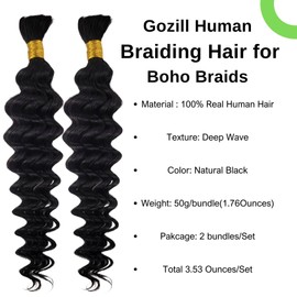 Gozill Human Braiding Hair for Boho Braids Human Hair Braiding Bundles 18Inch Deep Wave Bulk Hair for Braiding (2 Packs Total 100G)