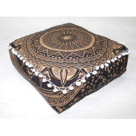 INDIAN CRAFT CASTLE Mandala Mandala Barmeri Large Floor Pillow Cover Cushion Meditation Seating Ottoman Throw Cover Hippie Decorative Zipped Bohemian Pouf Ottoman Cases (Black Gold, 18" Square)