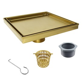 Bernkot Square Shower Drain 8", Brushed Gold Floor Drain with Tiled Insert Grate & Hair Strainer, 304 Stainless Steel Bathroom 2-in-1 Tiled in Drain, CUPC Certified (Brushed Gold, 8'')