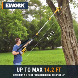 EWORK Electric Pole Saws for Tree Trimming 20V 8-Inch Cordless Pole Chainsaw 6.5 Lbs, Extension to 14.2-Ft, Auto Oiling Pole Saw Battery Powered with Battery & Fast Charger for Branch Pruning & Pruner