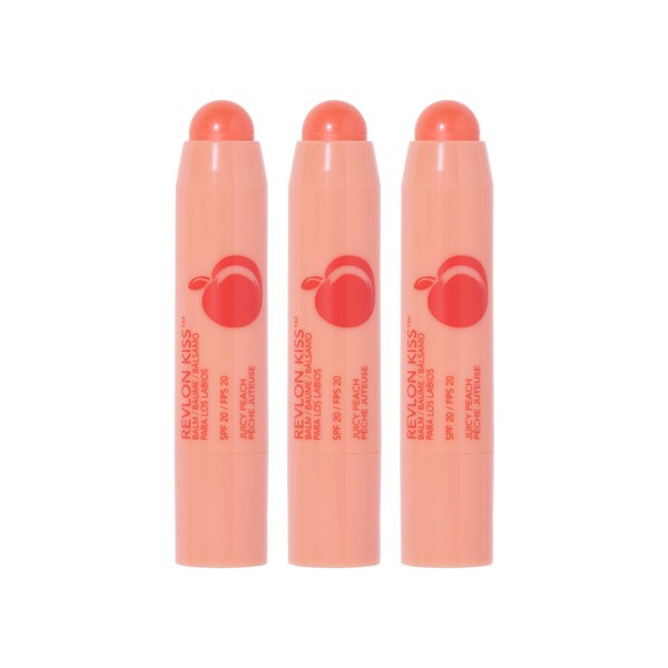 Revlon Lip Balm, Kiss Tinted Lip Balm, Face Makeup with Lasting Hydration, SPF 20, Infused with Natural Fruit Oils, 015 Juicy Peach, 0.09 Oz (3 Pack)