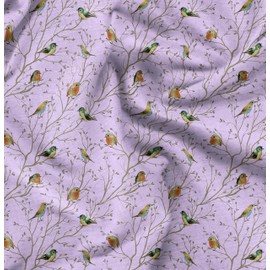 Soimoi Purple Moss Georgette Fabric Leaves & Flowerpecker Bird Print Sewing Fabric metre 44 Inch Wide