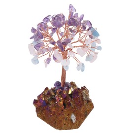 Cheungshing Amethyst Rose Quartz Aquamarine Crystal Tree with Rainbow Titanium Crystals Base, Healing Chakra Money Bonsai for Home Office Desk Decor