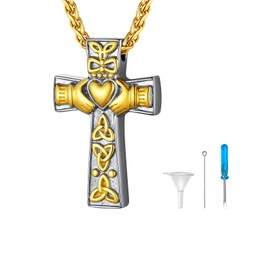 U7 Women's Cremation Urn Necklace for Ashes Cycle of Life Celtic Knot Dog Feet Wings Crucifix Cylinder Urn Necklace Stainless Steel Pendant Chain Cremation Jewellery for Men, Stainless Steel, No