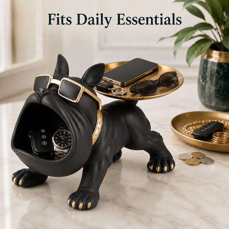 Bulldog Decorative Storage Tray Statue – 11.8-Inch Resin Dog Figurine