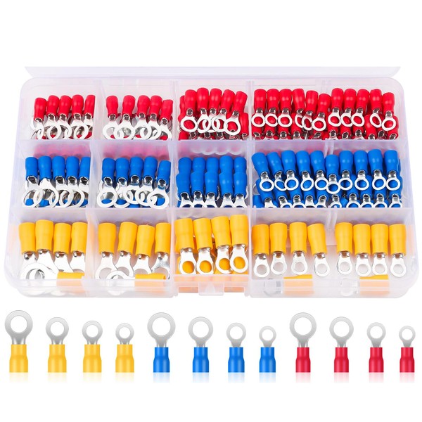 180-Piece Cable Lugs Set, Ring Terminals, Partially Insulated for Garages,