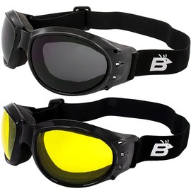 Birdz Eyewear Bald Eagles Motorcycle Goggles 2 Pairs Black Frames with Smoke and Yellow Tint Lenses