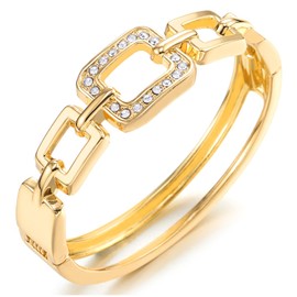 COOLSTEELANDBEYOND Gold Tone Pave Crystal Accented Hinged Bangle Bracelet Link Chain Design Luxury Fashion, Metal, No gemstone