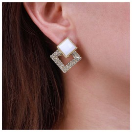 Erimberate Bohemian Gold Cz Hollow Square Stud Earrings - Geometric Gemstone Earrings - Paved Double Square Drop Earrings - Jewelry for Women and Girls