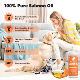 Wild Salmon Oil for Dogs & Cats 32oz with Pump Omega 3 Fish Oil Skin & Coat Supplement Pure Fish Omega 3 6 9 Liquid EPA DHA Fatty Acids Supports Joint Function Brain Eye Immune Heart Health