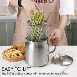 304 Stainless Steel Oil Filter Pot, 68oz Heavy Duty Bacon Grease Container with Fine Strainer & Deep Fryer Basket, Large Capacity Multi-function Oil Filter Vessel for Kitchen, Suits All Stoves(2L)