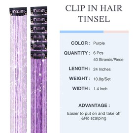 DOORES Tinsel Hair Extensions 6 Pcs 24 Inch, Hair Tinsel kit for Girls Purple Tinsel Hair Dazzle Hair Sparkle Strands Glitter for Hair Fairy Accessories for Women Girls Kids Festival Gift (Purple)