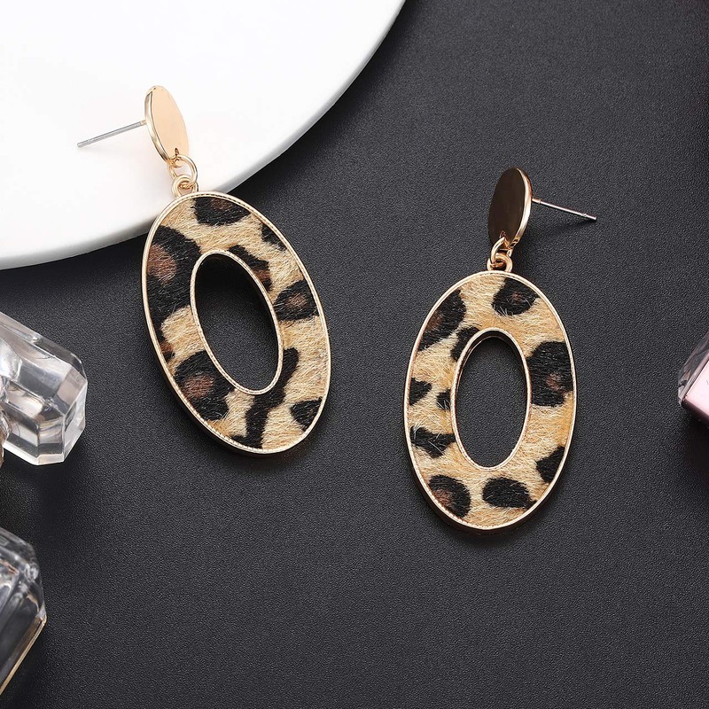 Leopard Drop Earrings Geometric Faux Leather Hoop Dangle Earring Statement